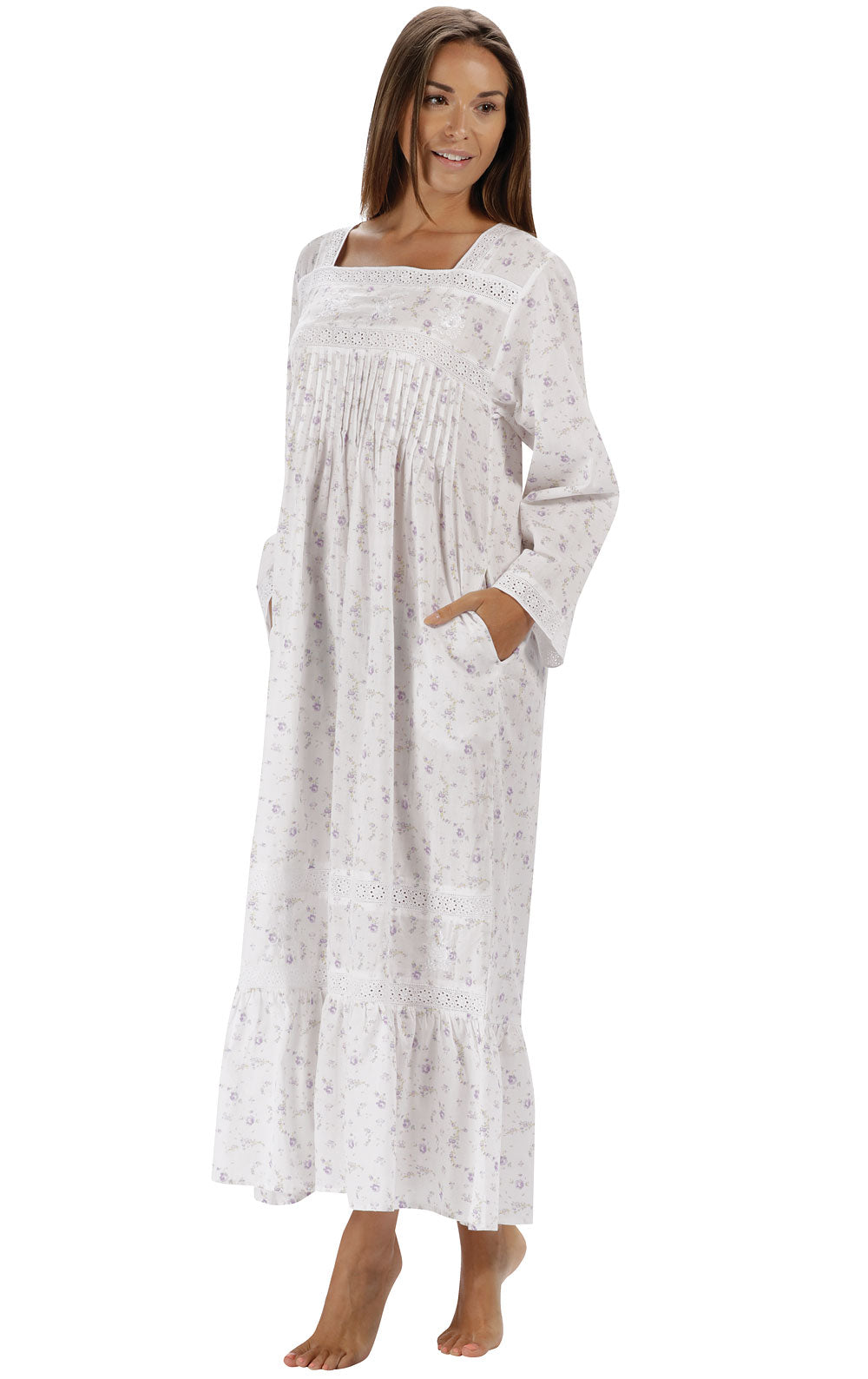 Violet - Women's Long Sleeve Cotton Nightgown White / MED (8-10) Violet - Women's Long Sleeve Cotton Nightgown White / MED (8-10)